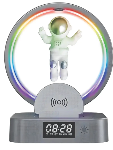 Lámpara astronauta con reloj LED y cargador inalámbrico - TiendaDeRegalos10